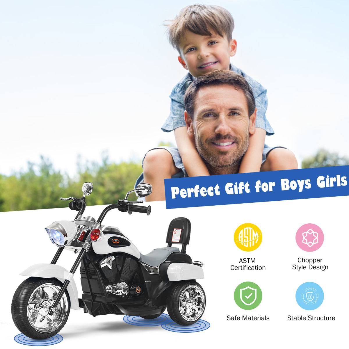 LIVSK Chopper Stijl Motorfiets - 3-wiel ontwerp - Verstelbare koplamp - Ingebouwde muziek - Voor kinderen vanaf 3 jaar - Zoals