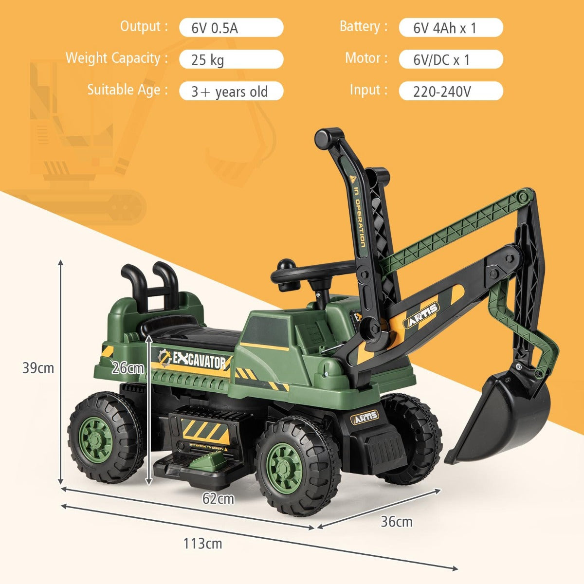 LIVSK Rijdende Graafmachine voor Kinderen - Verstelbare Arm - Draaibare Schep - Interactieve Speelmodi - Tot 25 kg - Groen