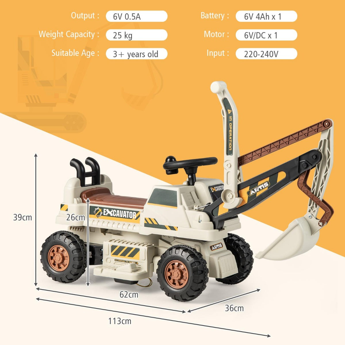 LIVSK Rijdende Graafmachine voor Kinderen - Verstelbare Arm - 2 Werkmodi - Muziek en Educatief - Tot 25 kg - Grijs