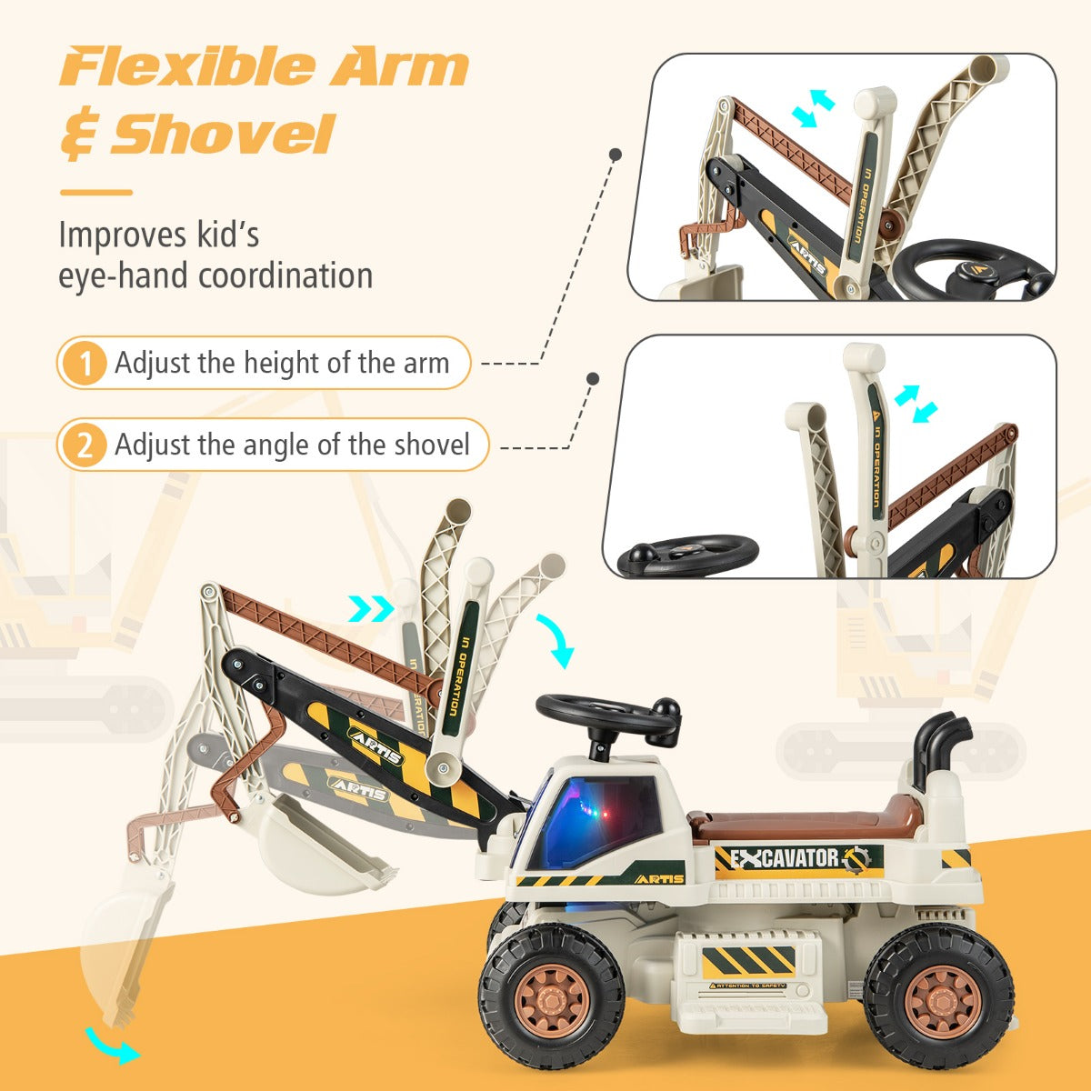 LIVSK Rijdende Graafmachine voor Kinderen - Verstelbare Arm - 2 Werkmodi - Muziek en Educatief - Tot 25 kg - Grijs