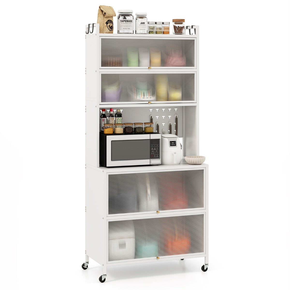 LIVSK Keukenkast met 6 Niveaus - Draaideuren - 4 Wielen - Duurzaam Koolstofstaal - 80 x 40 x 178 cm - Zwart/Wit