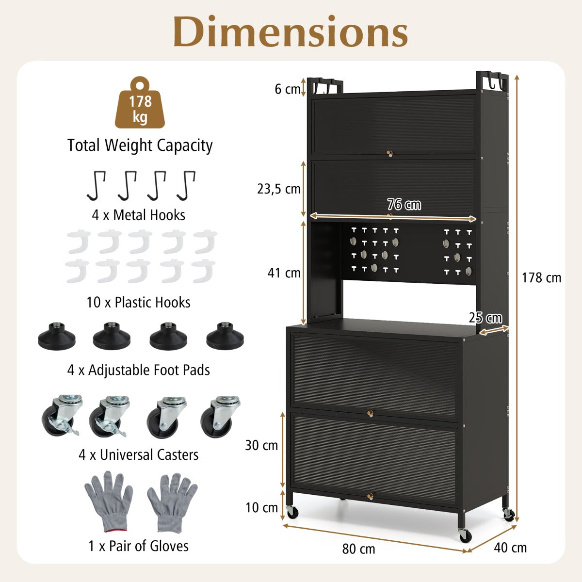 LIVSK Keukenkast met 6 Niveaus - Doorschijnende Draaideuren - Verplaatsbaar met Wielen - Stevig Koolstofstaal - 80 x 40 x 178 cm