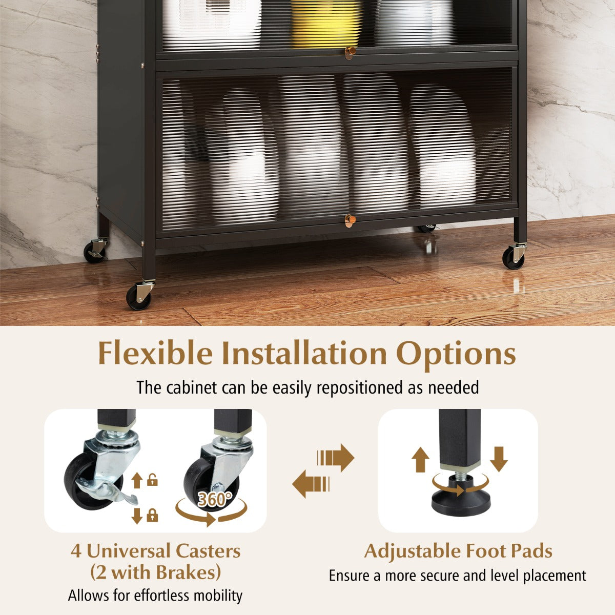 LIVSK Keukenkast met 6 Niveaus - Doorschijnende Draaideuren - Verplaatsbaar met Wielen - Stevig Koolstofstaal - 80 x 40 x 178 cm