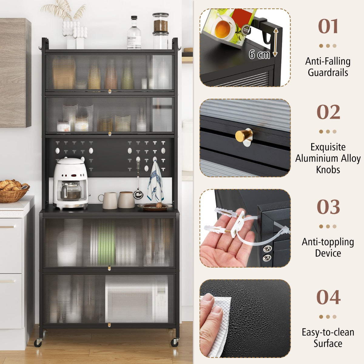 LIVSK Keukenkast met 6 Niveaus - Doorschijnende Draaideuren - Verplaatsbaar met Wielen - Stevig Koolstofstaal - 80 x 40 x 178 cm