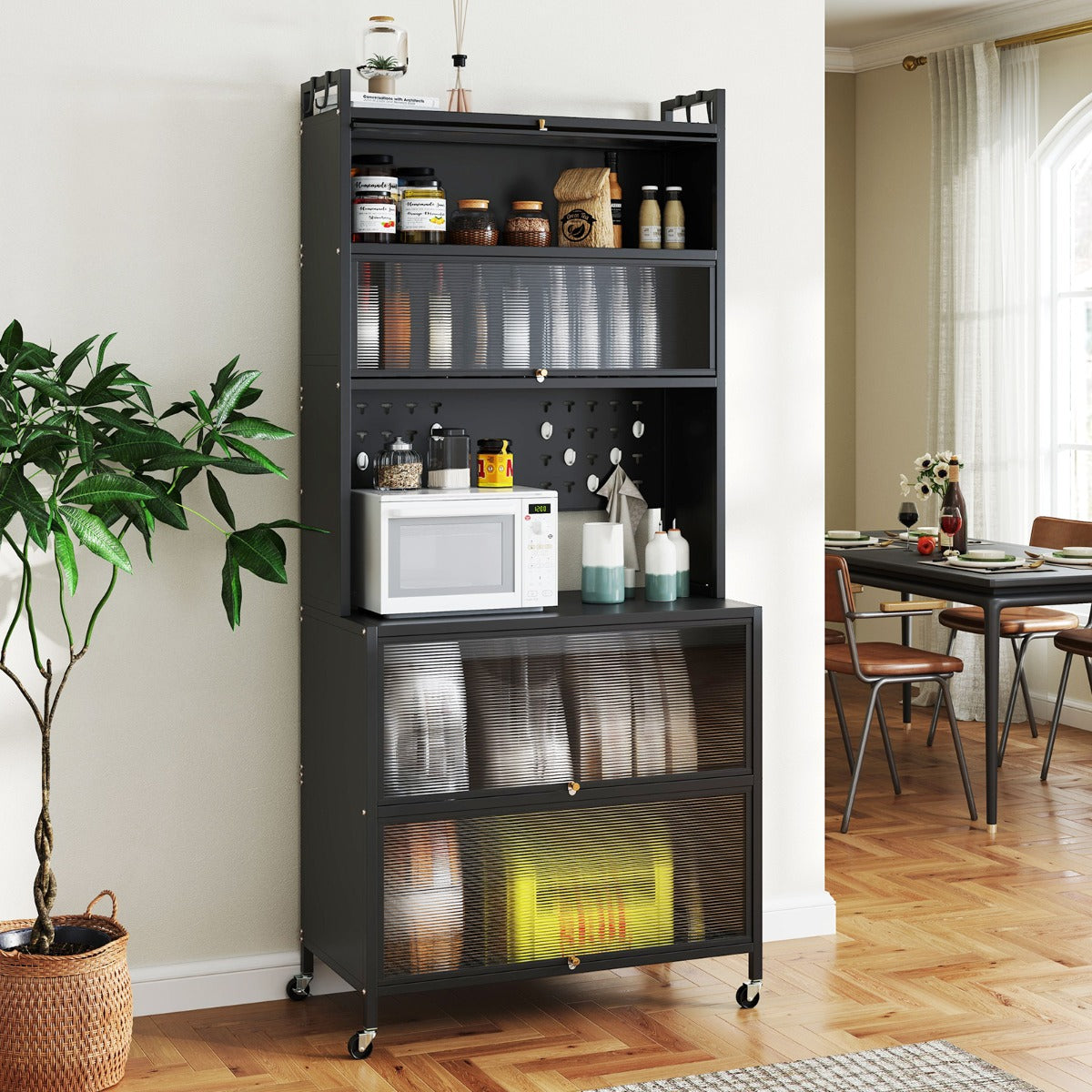 LIVSK Keukenkast met 6 Niveaus - Doorschijnende Draaideuren - Verplaatsbaar met Wielen - Stevig Koolstofstaal - 80 x 40 x 178 cm