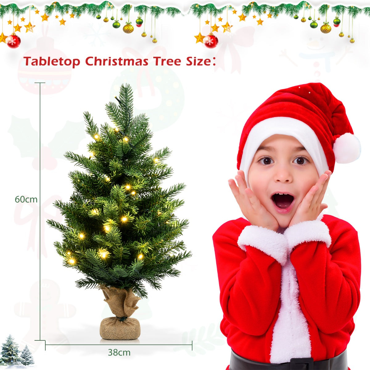 LIVSK Kunstkerstboom met LED-verlichting - Natuurlijke uitstraling - 234 takken - Jutebasis - 60 cm - Groen
