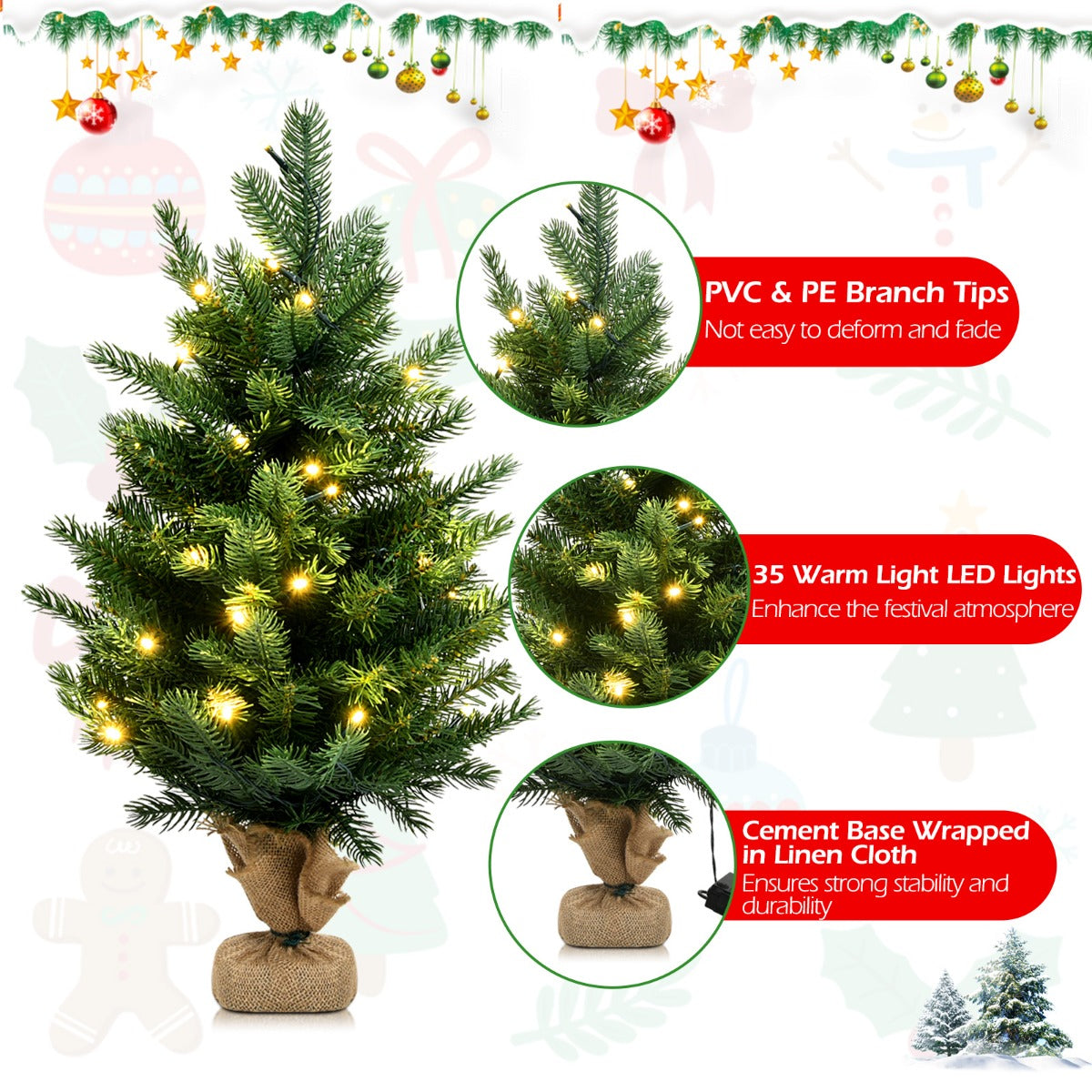 LIVSK Kunstkerstboom met LED-verlichting - Natuurlijke uitstraling - 234 takken - Jutebasis - 60 cm - Groen
