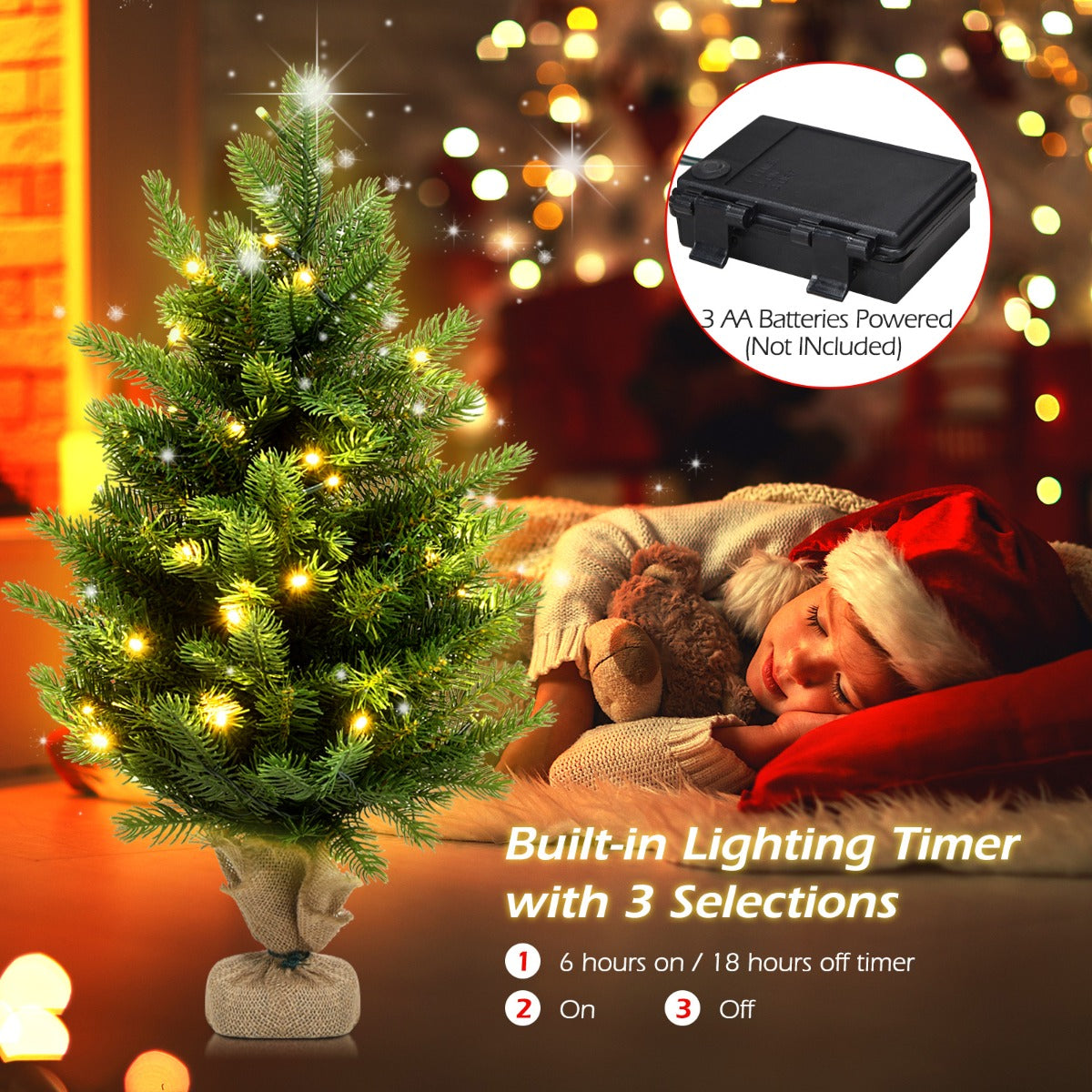 LIVSK Kunstkerstboom met LED-verlichting - Natuurlijke uitstraling - 234 takken - Jutebasis - 60 cm - Groen