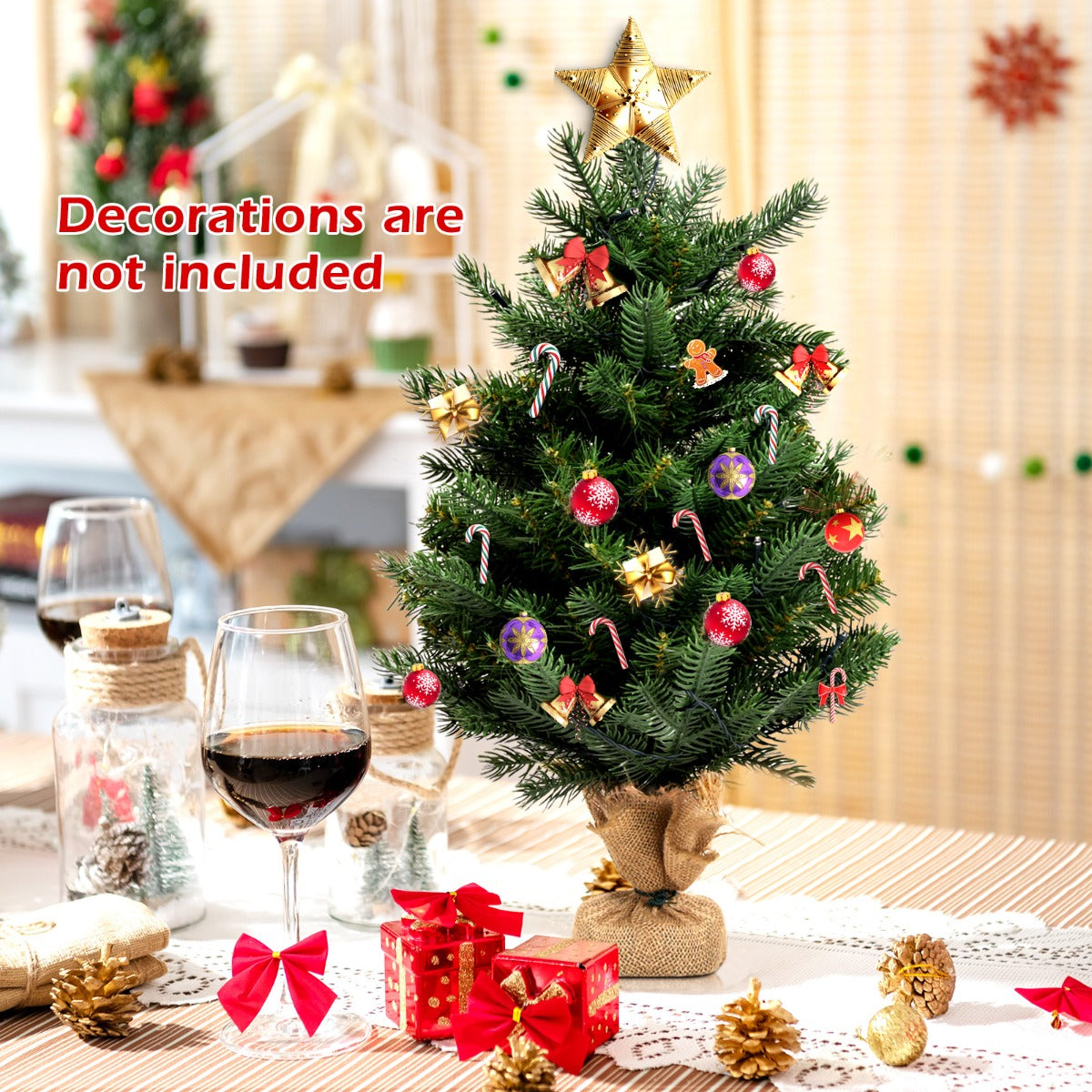 LIVSK Kunstkerstboom met LED-verlichting - Natuurlijke uitstraling - 234 takken - Jutebasis - 60 cm - Groen