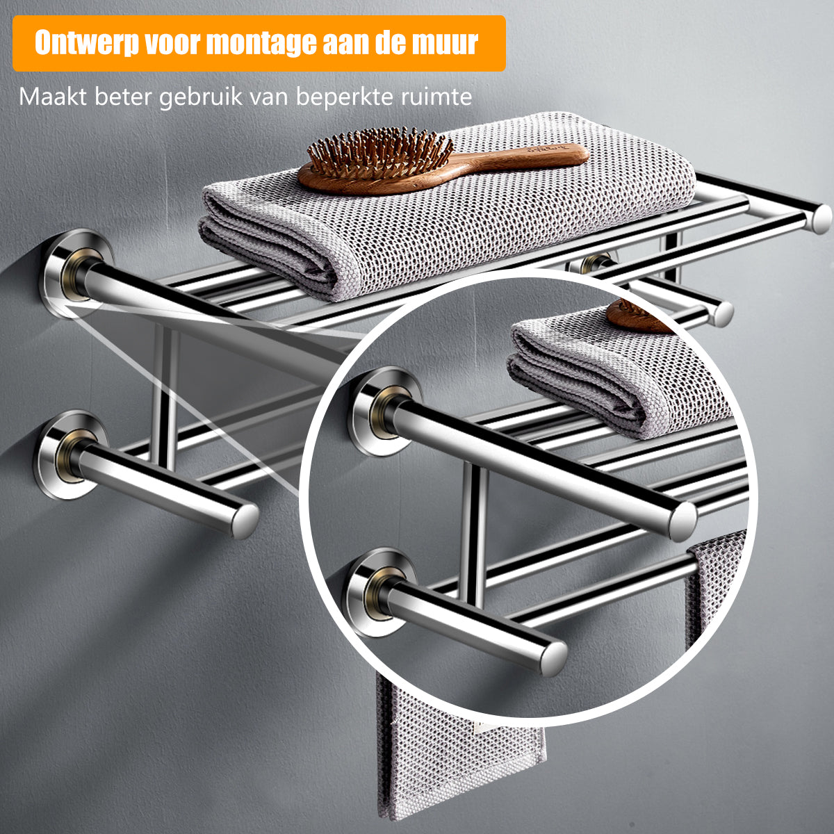 LIVSK Handdoekhouder - Wandmontage - Roestvrij staal - Waterdicht en roestbestendig - Tot 20 kg - 60 x 23 x 15 cm - Zilver