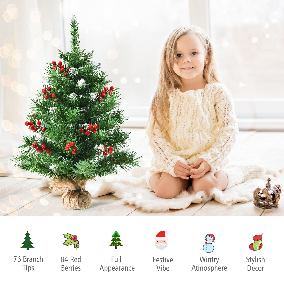 LIVSK Tafelblad Kerstboom - Levensecht met 76 Takken en 84 Rode Bessen - Duurzaam PVC - Stabiele Cementen Basis - Groen