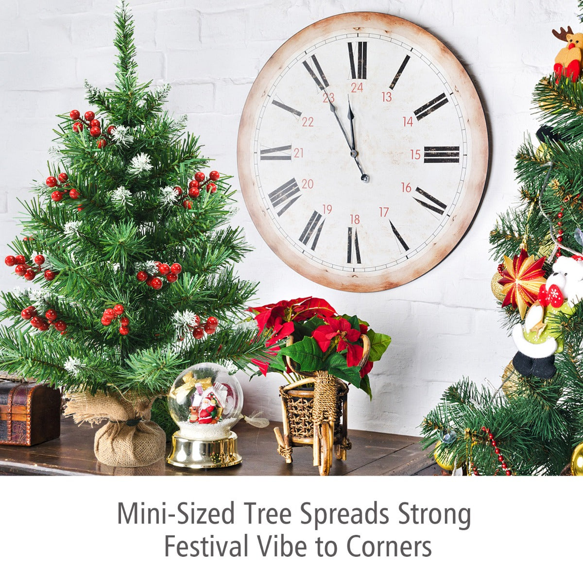 LIVSK Tafelblad Kerstboom - Levensecht met 76 Takken en 84 Rode Bessen - Duurzaam PVC - Stabiele Cementen Basis - Groen