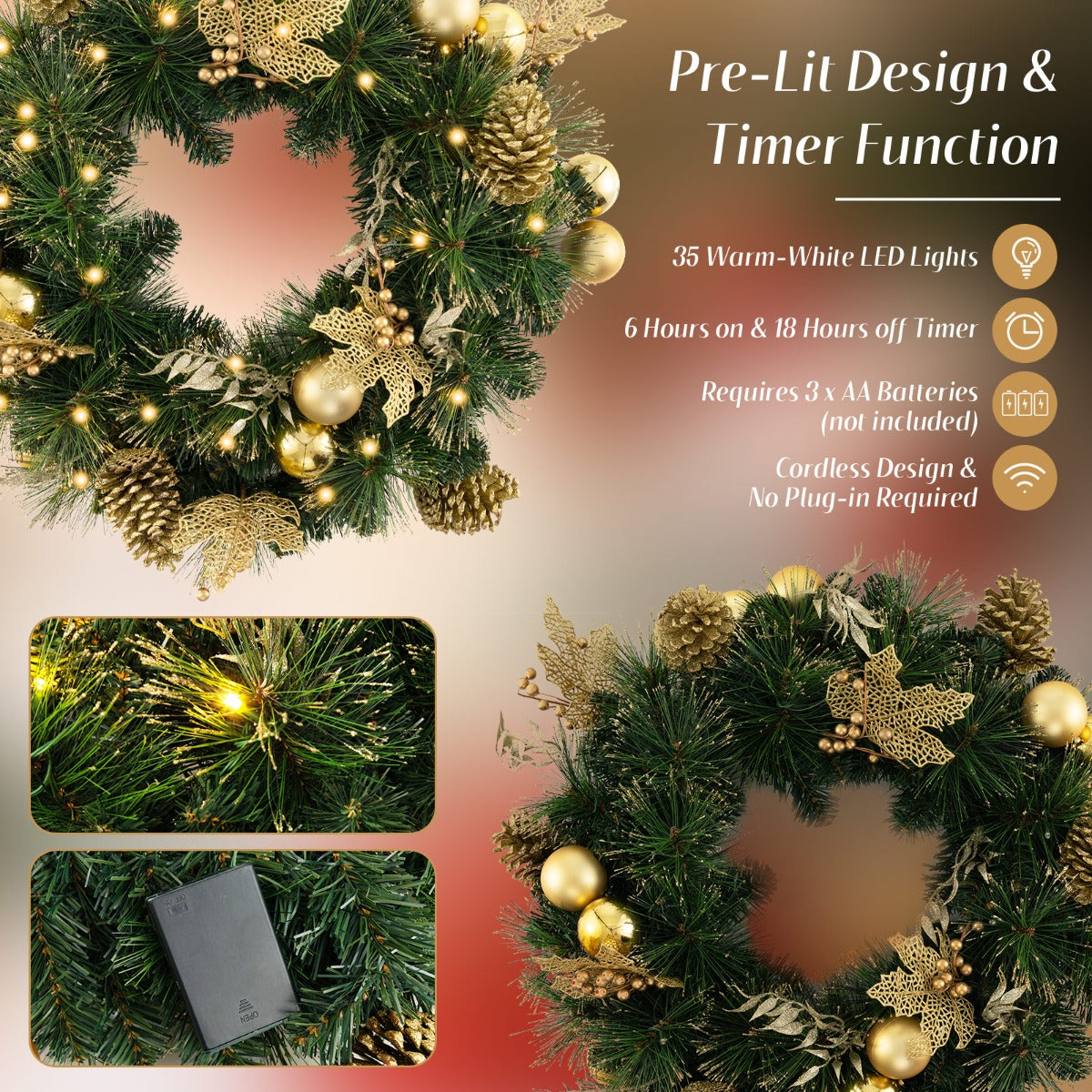 LIVSK Verlichte Kerstkrans 60 cm - 35 LED-lampjes - Gouden decoraties - Draadloos en vlamvertragend - Groen + Goud