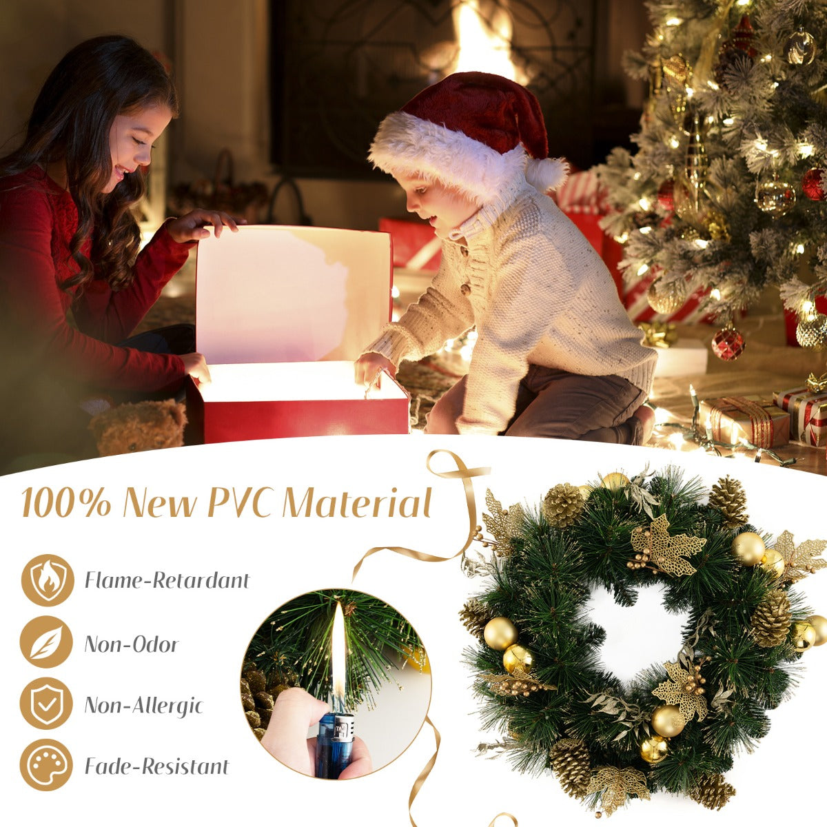 LIVSK Verlichte Kerstkrans 60 cm - 35 LED-lampjes - Gouden decoraties - Draadloos en vlamvertragend - Groen + Goud