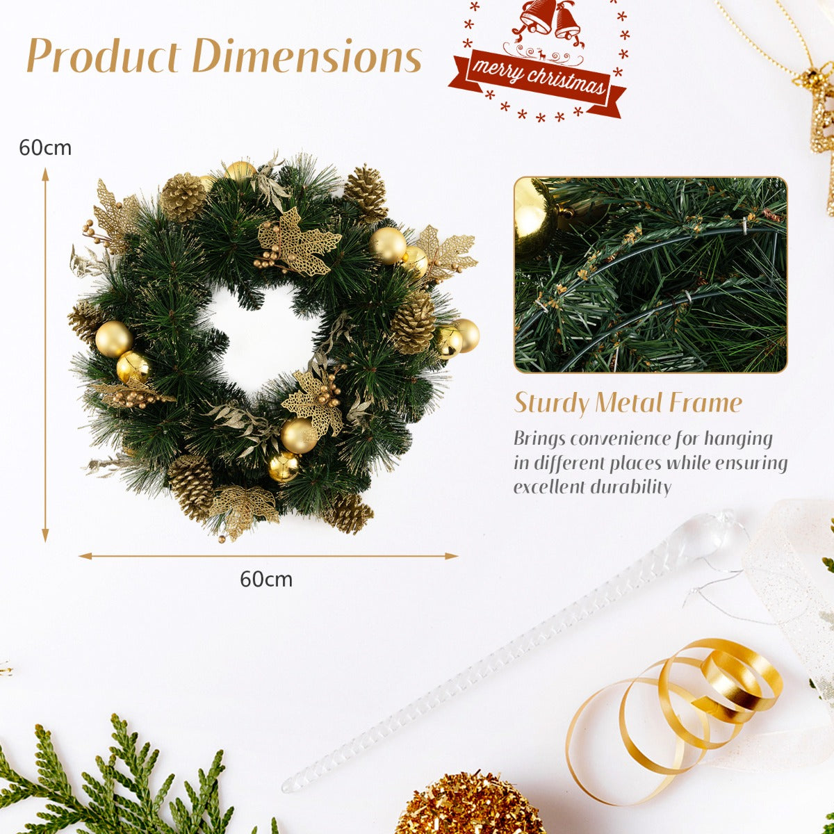 LIVSK Verlichte Kerstkrans 60 cm - 35 LED-lampjes - Gouden decoraties - Draadloos en vlamvertragend - Groen + Goud