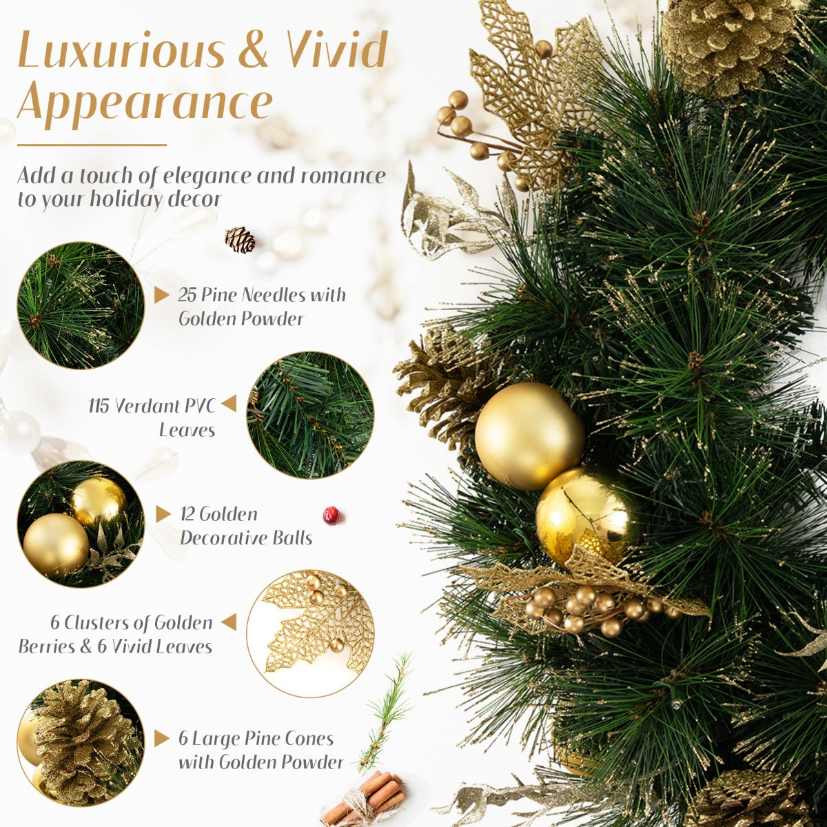 LIVSK Verlichte Kerstkrans 60 cm - 35 LED-lampjes - Gouden decoraties - Draadloos en vlamvertragend - Groen + Goud