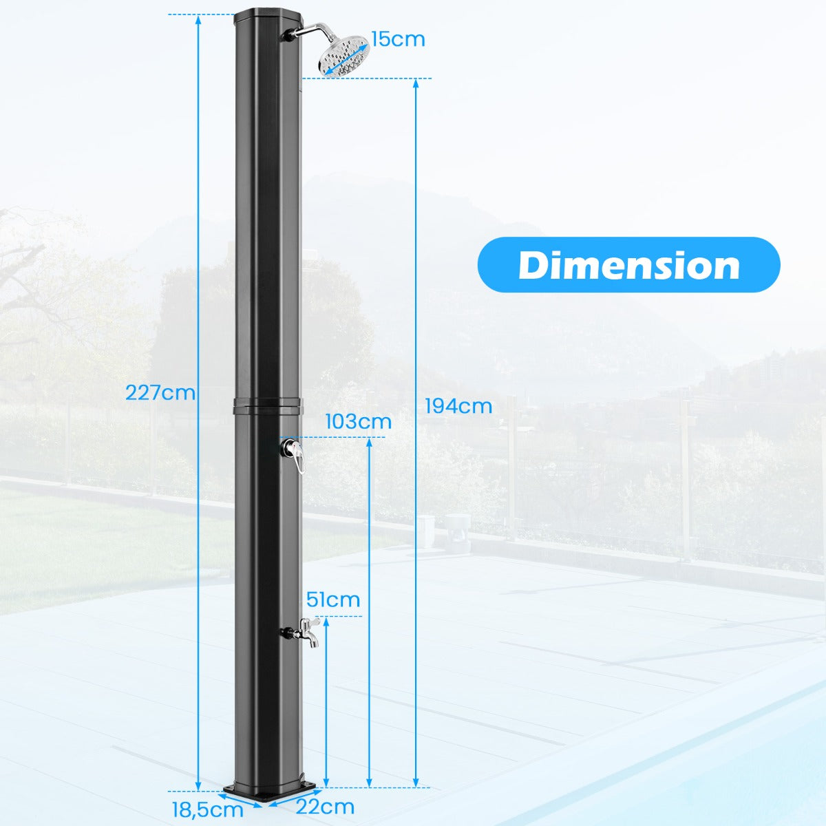 LIVSK Buitendouche op Zonne-Energie 60L - 360° Draaibare Douchekop - Voetkraan - Duurzaam PVC - 227 cm - Zwart