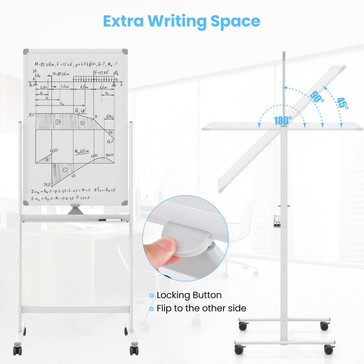 LIVSK Dubbelzijdig Verstelbaar Whiteboard met Pennenbakje - Hoogte 151-178 cm - Inclusief 6 Markers en Accessoires - Wit