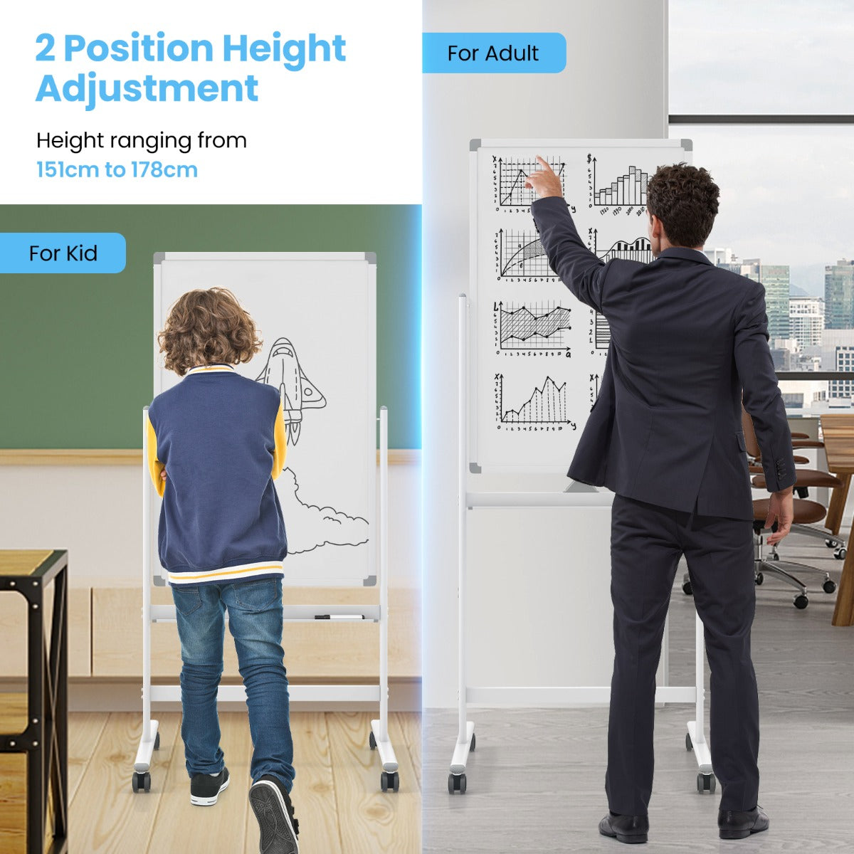 LIVSK Dubbelzijdig Verstelbaar Whiteboard met Pennenbakje - Hoogte 151-178 cm - Inclusief 6 Markers en Accessoires - Wit