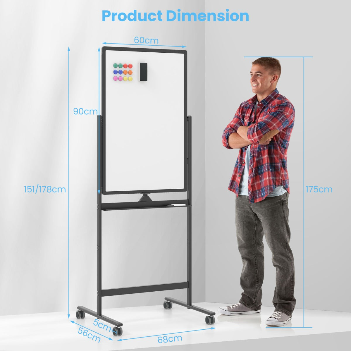 LIVSK Dubbelzijdig Verstelbaar Whiteboard - Vergrendelbaar met 4 Wielen - Inclusief Accessoires - Hoogte 151/178 cm - Zwart