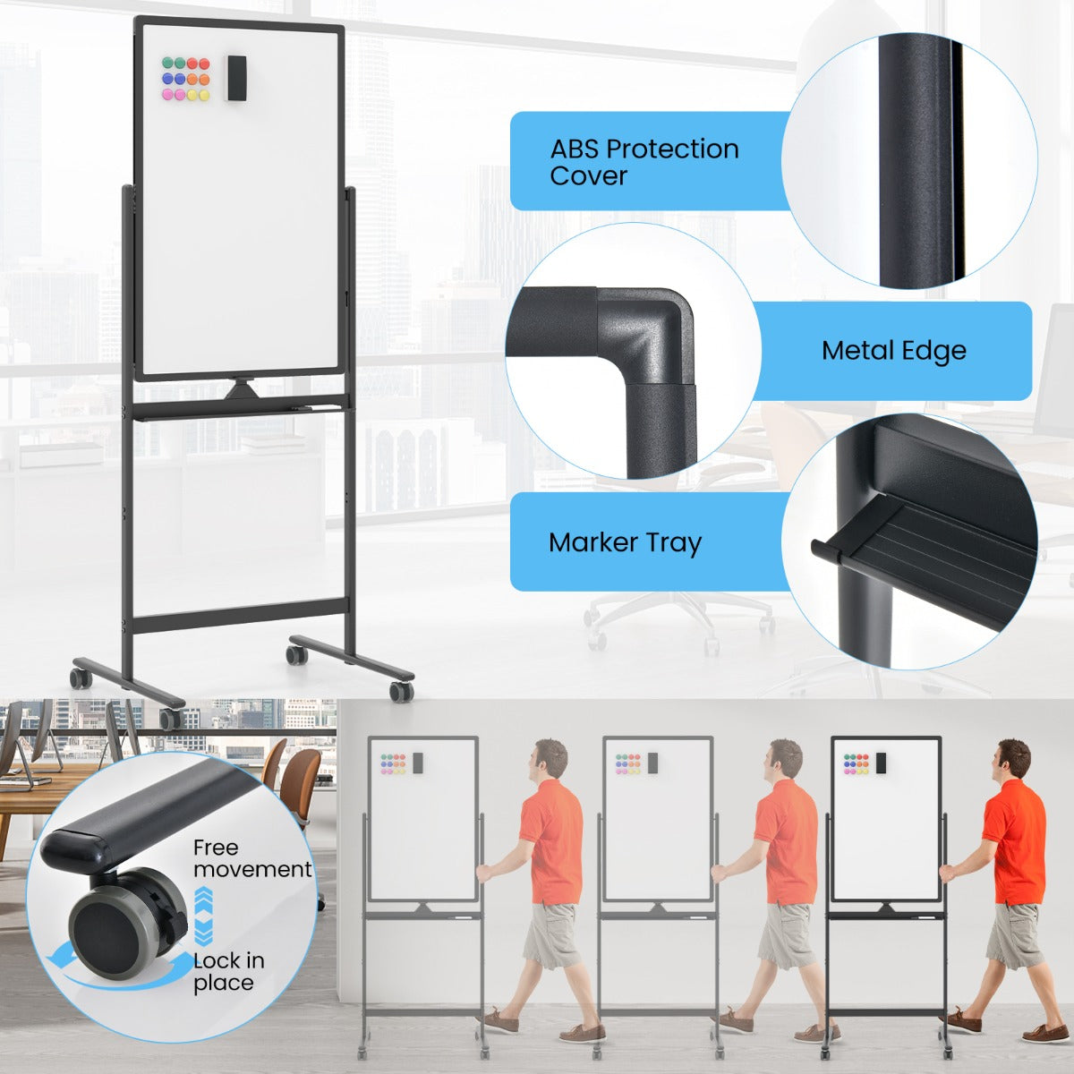 LIVSK Dubbelzijdig Verstelbaar Whiteboard - Vergrendelbaar met 4 Wielen - Inclusief Accessoires - Hoogte 151/178 cm - Zwart