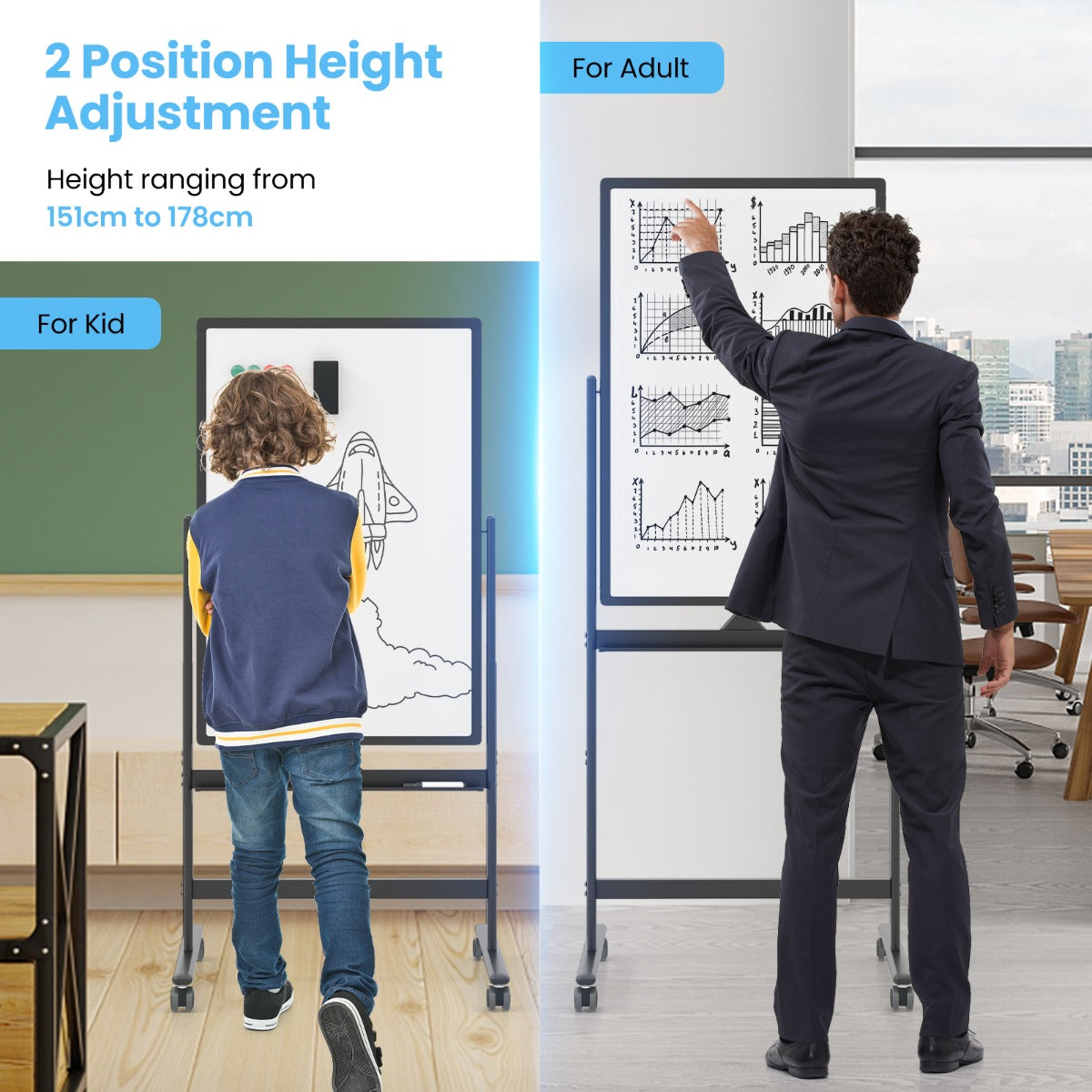 LIVSK Dubbelzijdig Verstelbaar Whiteboard - Vergrendelbaar met 4 Wielen - Inclusief Accessoires - Hoogte 151/178 cm - Zwart