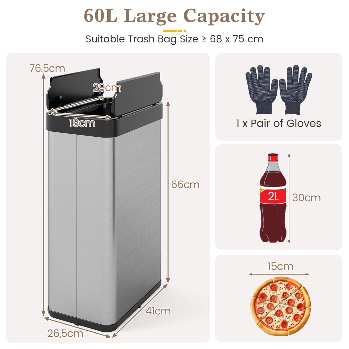 Livsk costway 60l sensor geactiveerde automatische afvalbak automatische open sluit functie metalen afvalbak met dubbelgevouwen deksel zilver 2