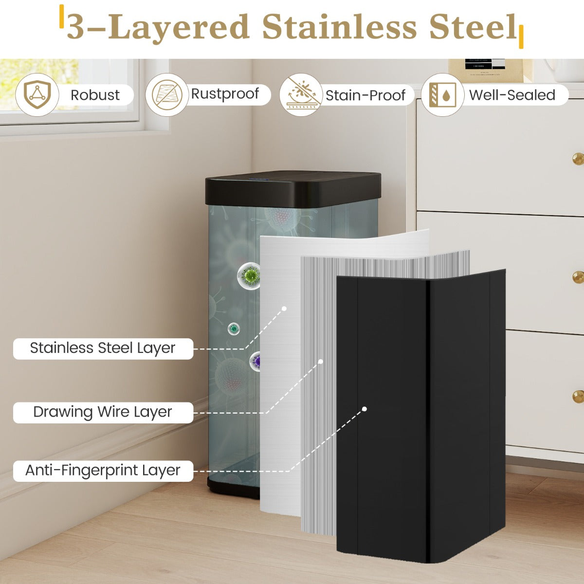 Livsk costway 60l sensor geactiveerde automatische afvalbak automatische open sluit functie metalen afvalbak met dubbelgevouwen deksel zwart 3