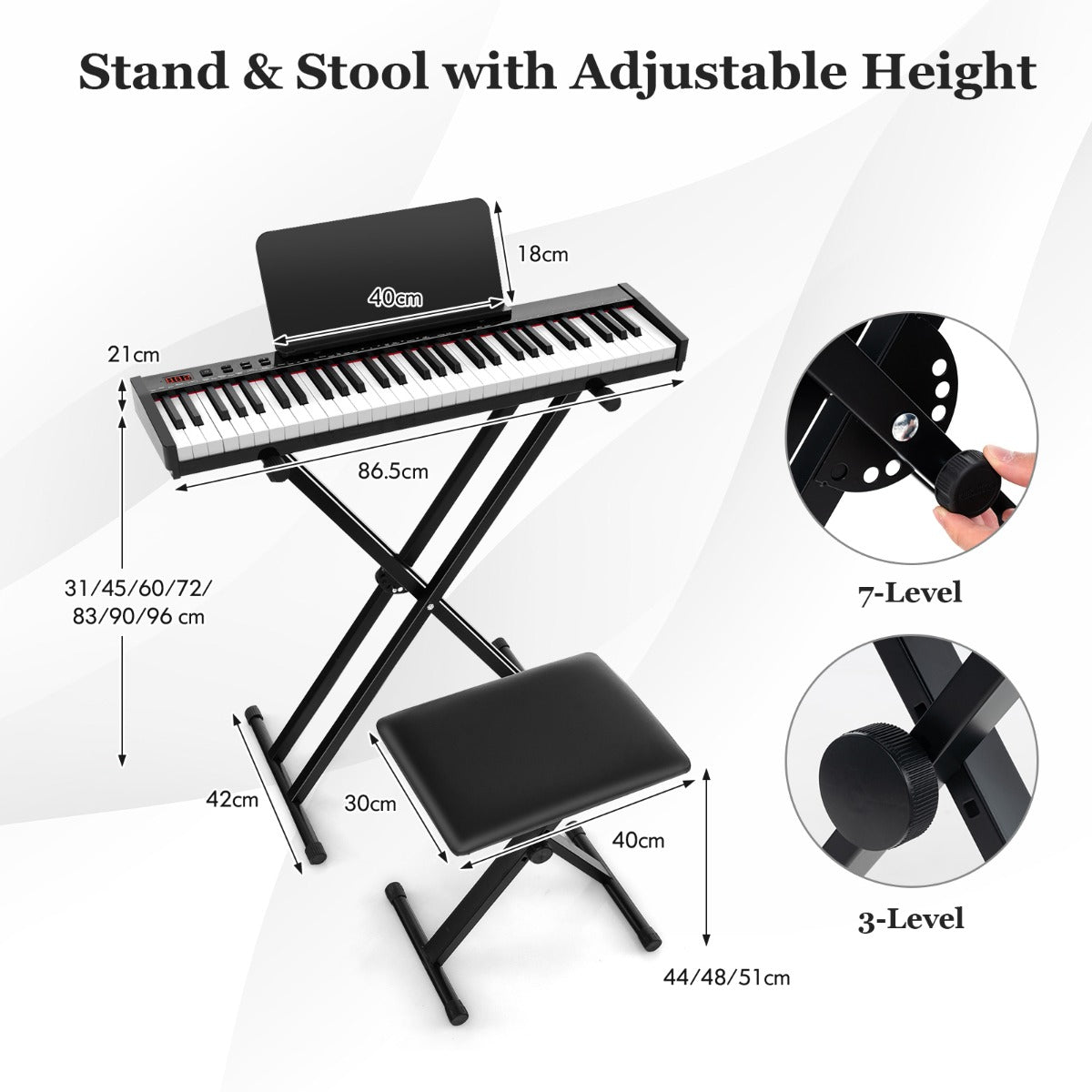 LIVSK Digitale Keyboardpiano 61 Toetsen - Inklapbare Standaard en Kruk - Bluetooth MIDI - 129 Tonen - 128 Ritmes - Wit + Zwart