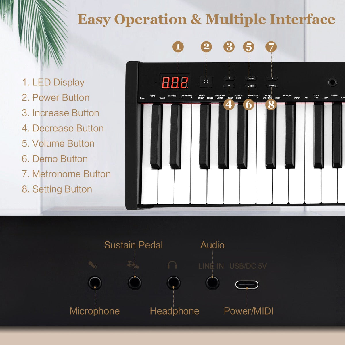 LIVSK Digitale Keyboardpiano 61 Toetsen - Inklapbare Standaard en Kruk - Bluetooth MIDI - 129 Tonen - 128 Ritmes - Wit + Zwart