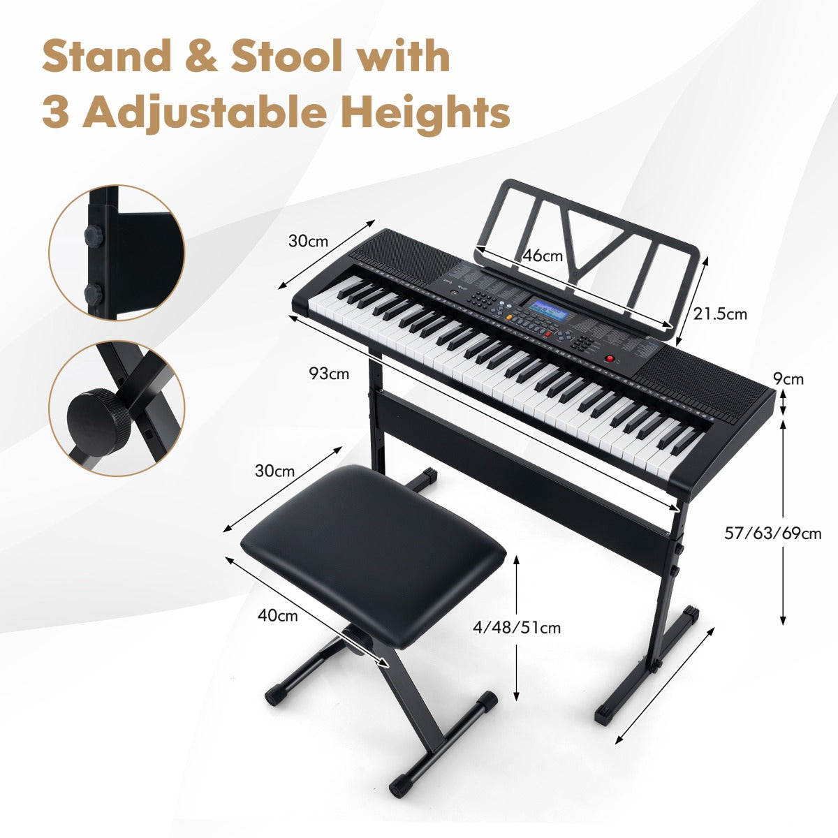 LIVSK Digitale Keyboard-Pianoset - 61 Toetsen - 600 Klankkleuren - Inclusief Standaard, Kruk, Hoofdtelefoon, Microfoon - Wit +