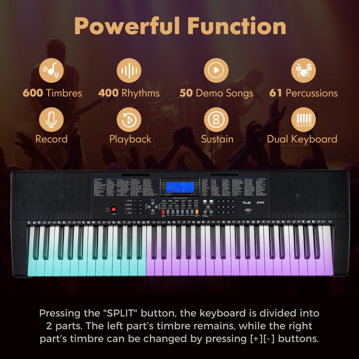 LIVSK Digitale Keyboard-Pianoset - 61 Toetsen - 600 Klankkleuren - Inclusief Standaard, Kruk, Hoofdtelefoon, Microfoon - Wit +