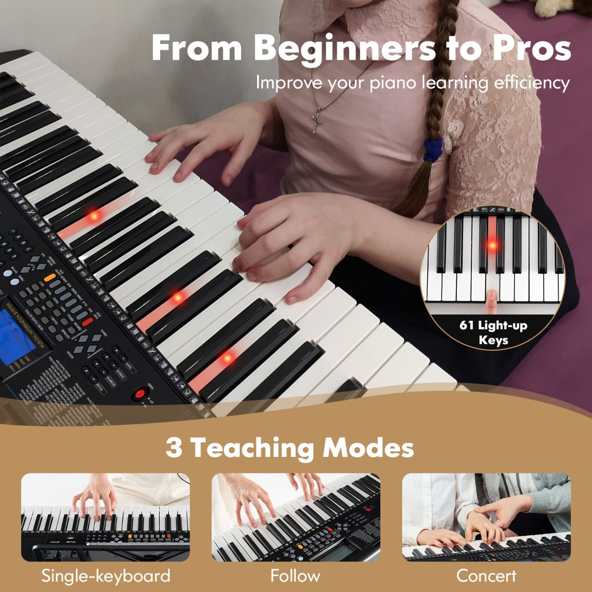 LIVSK Digitale Keyboard-Pianoset - 61 Toetsen - 600 Klankkleuren - Inclusief Standaard, Kruk, Hoofdtelefoon, Microfoon - Wit +