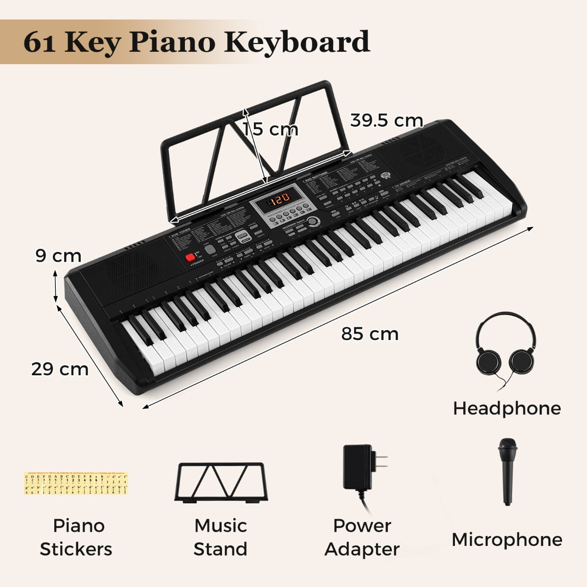 Livsk costway 61 toetsen draagbaar keyboard elektronische piano met 200 ritmes 200 klankkleuren 70 demos 1 1