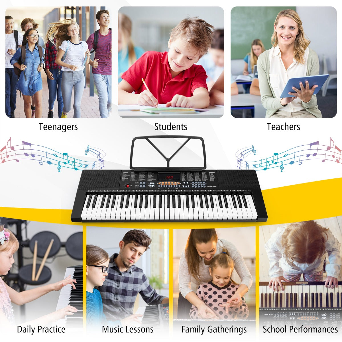 LIVSK Elektronisch Keyboard - 61 Toetsen - 300 Klankkleuren - 300 Ritmes - 3 Lesmodi - Draagbaar - Wit + Zwart