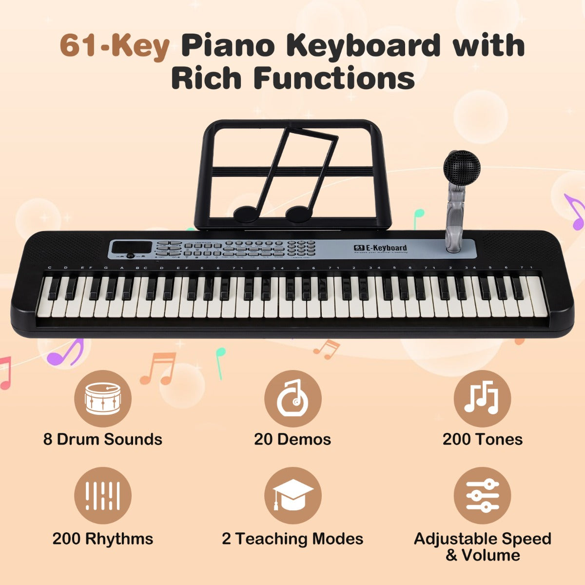 Livsk costway 61 toetsen kinderpiano keyboard voor binnengebruik compleet met verstelbare standaard microfoon en muziekstandaard zwart 3