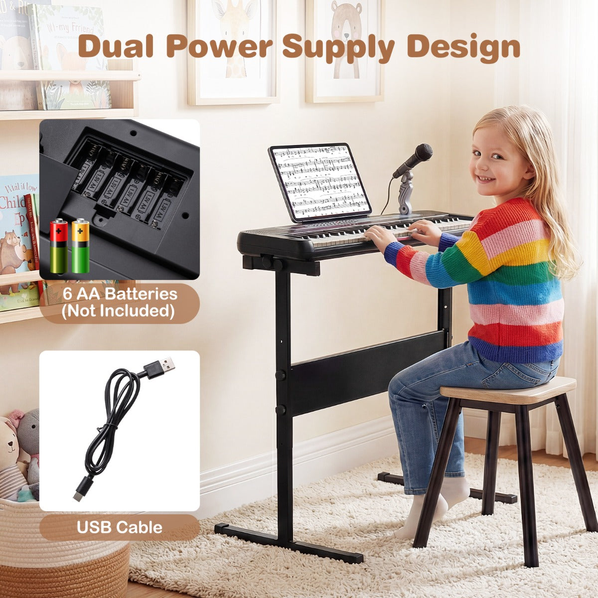 Livsk costway 61 toetsen kinderpiano keyboard voor binnengebruik compleet met verstelbare standaard microfoon en muziekstandaard zwart 4