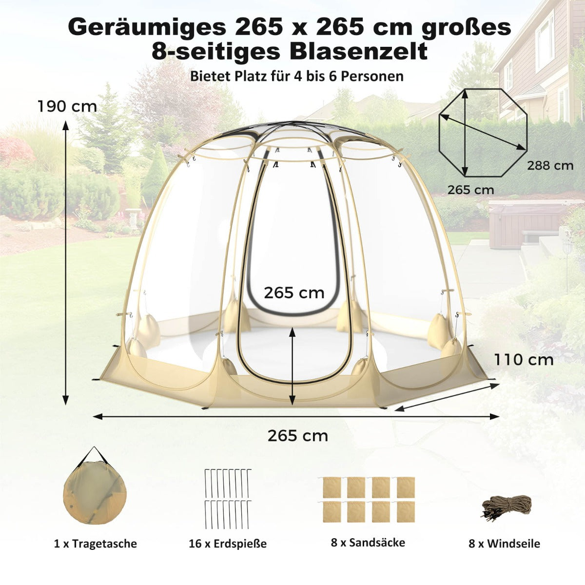LIVSK Bubble Tent - Pop-up voor 5-6 Personen - 630° Panoramisch Uitzicht - Koudebestendig PVC - 265 x 265 x 190 cm - Transparant