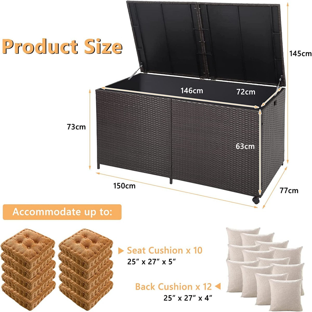 LIVSK Terrasopbergbox 662L - Waterdicht - Stevig Metalen Frame - 2 Wielen - Handgeweven Rotan - 150 x 77 x 73 cm - Bruin