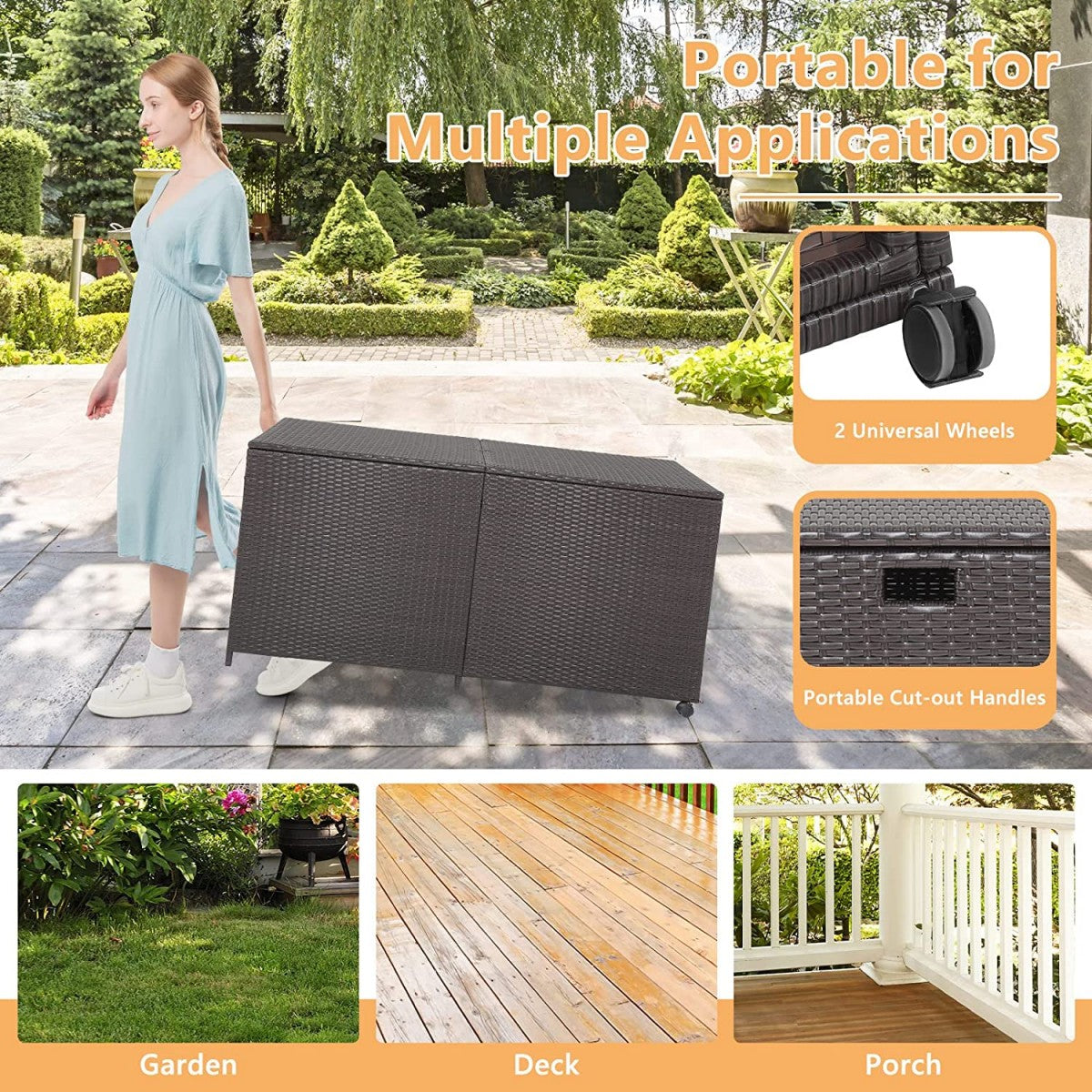 LIVSK Terrasopbergbox 662L - Waterdicht - Stevig Metalen Frame - 2 Wielen - Handgeweven Rotan - 150 x 77 x 73 cm - Bruin