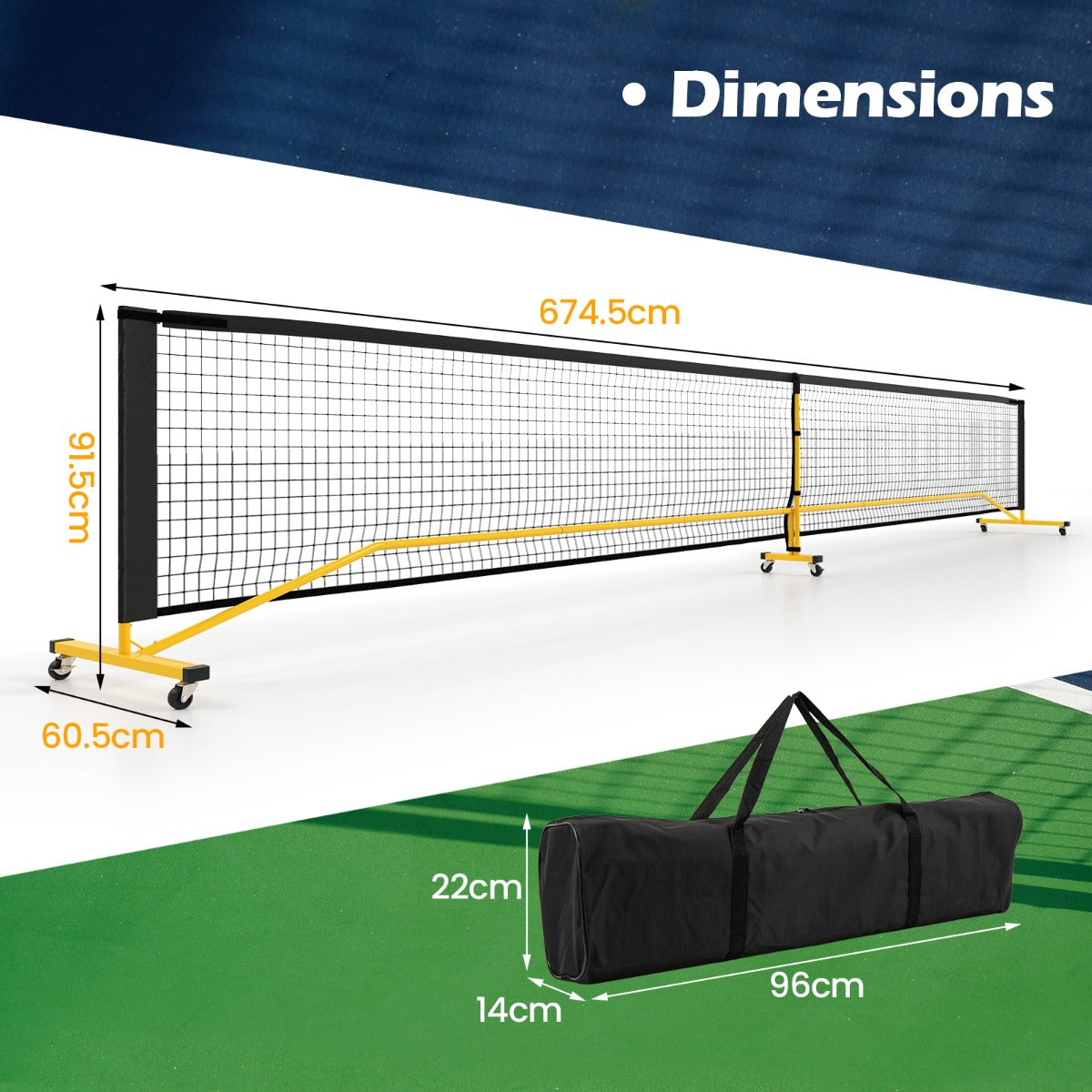 LIVSK Pickleballnet Set - Draagbaar met 6 Wielen - Eenvoudige Montage zonder Gereedschap - PE-net - 674,5 x 60,5 x 91,5 cm -