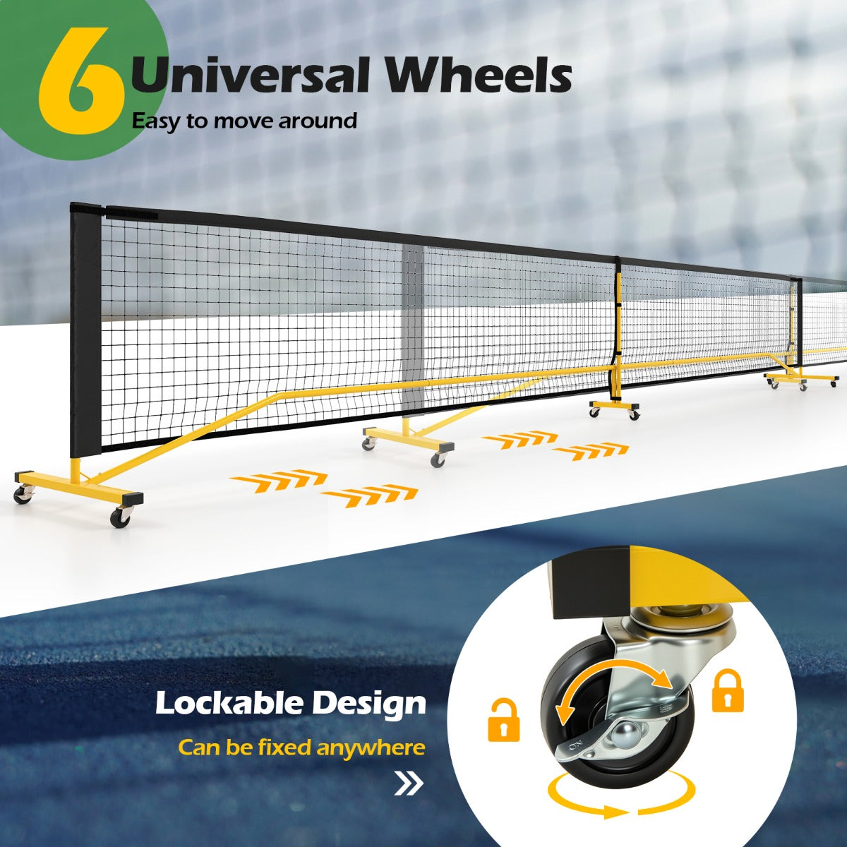 LIVSK Pickleballnet Set - Draagbaar met 6 Wielen - Eenvoudige Montage zonder Gereedschap - PE-net - 674,5 x 60,5 x 91,5 cm -
