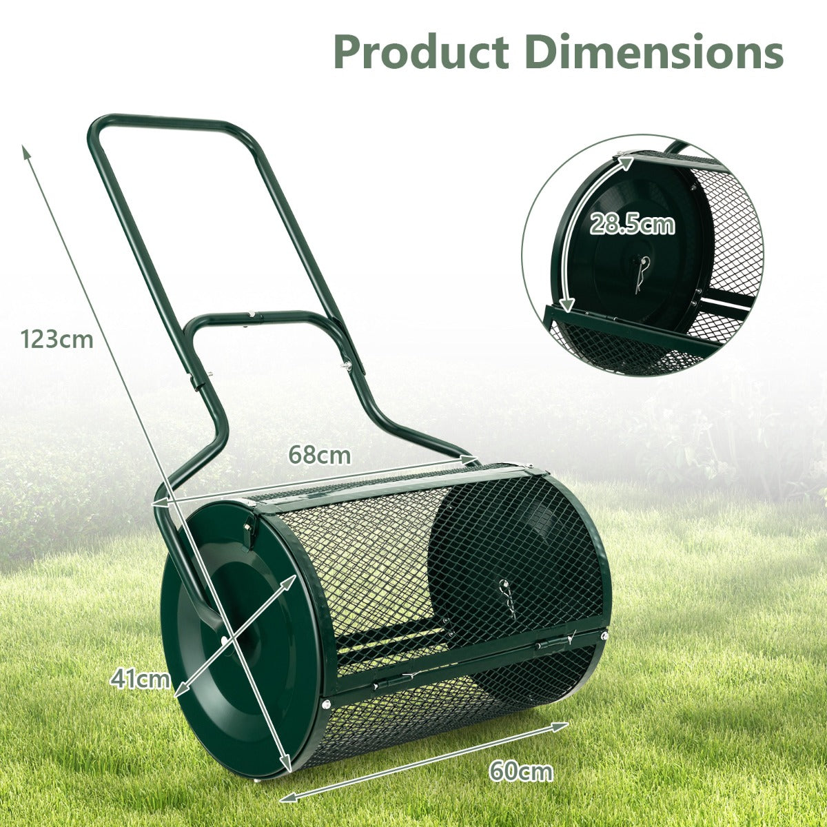 LIVSK Compostverspreider met Dicht Gaas - 75L Capaciteit - Duurzaam Gepoederd Metaal - Ergonomisch U-vormig Handvat - Groen