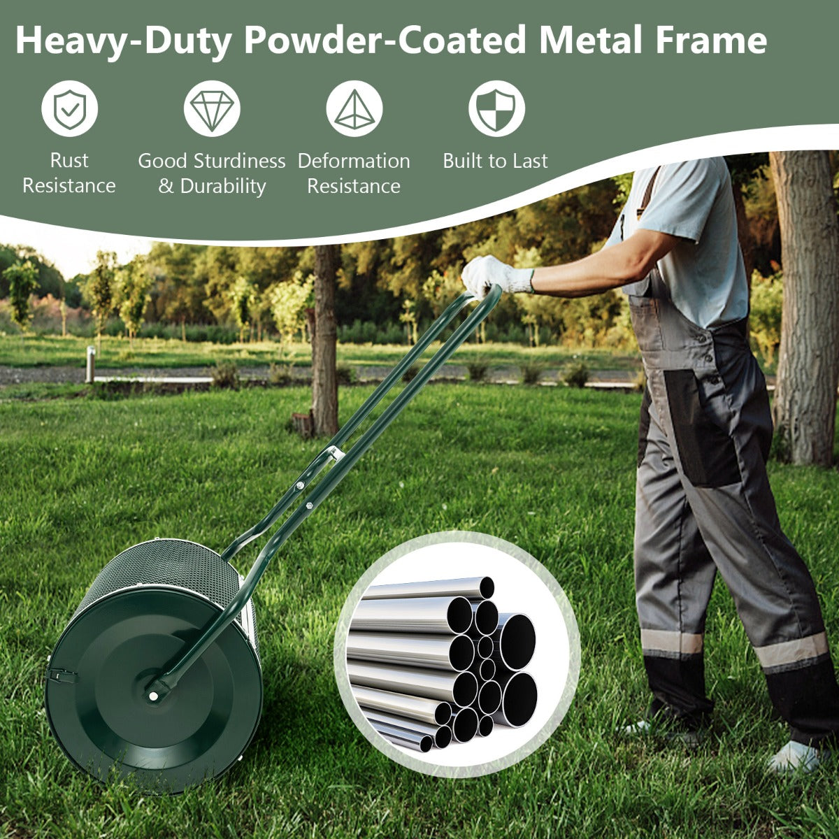 LIVSK Compostverspreider met Dicht Gaas - 75L Capaciteit - Duurzaam Gepoederd Metaal - Ergonomisch U-vormig Handvat - Groen