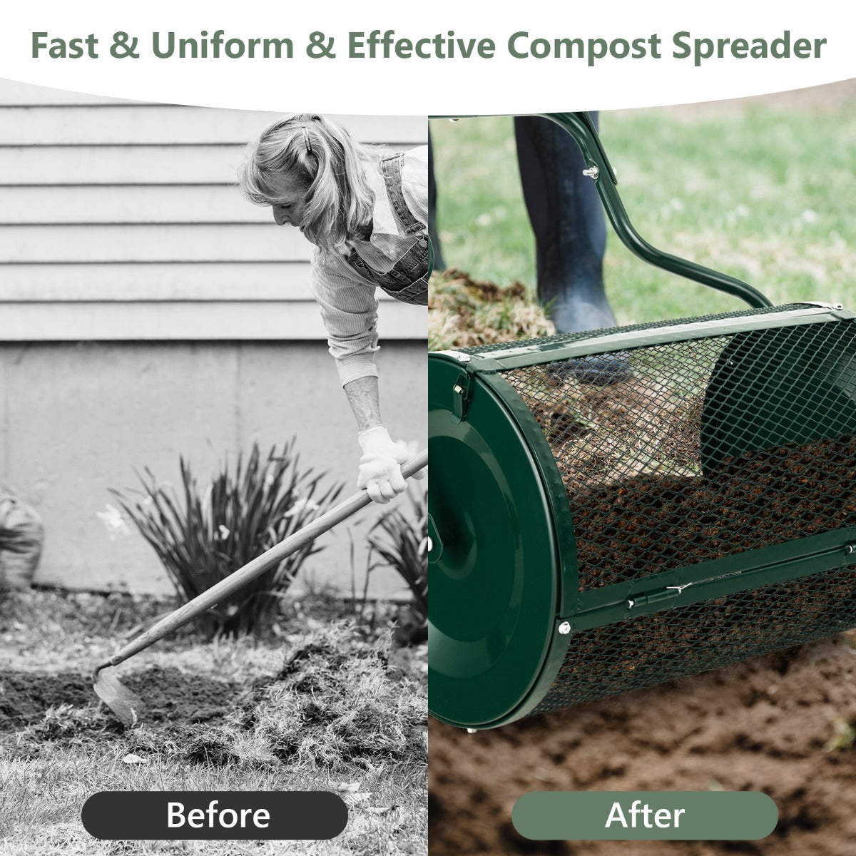 LIVSK Compostverspreider met Dicht Gaas - 75L Capaciteit - Duurzaam Gepoederd Metaal - Ergonomisch U-vormig Handvat - Groen