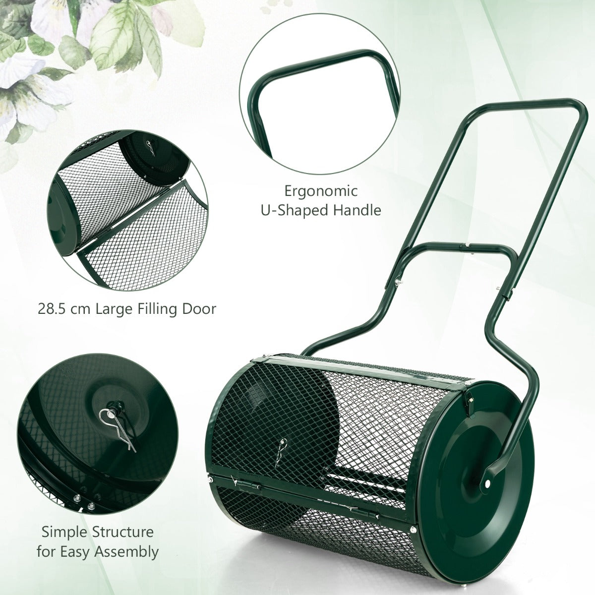 LIVSK Compostverspreider met Dicht Gaas - 75L Capaciteit - Duurzaam Gepoederd Metaal - Ergonomisch U-vormig Handvat - Groen