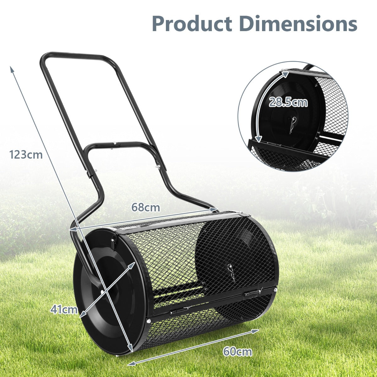 LIVSK Compostverspreider met Dicht Geweven Gaas - 75L Capaciteit - Duurzaam Metaal - U-vormig Handvat - Zwart