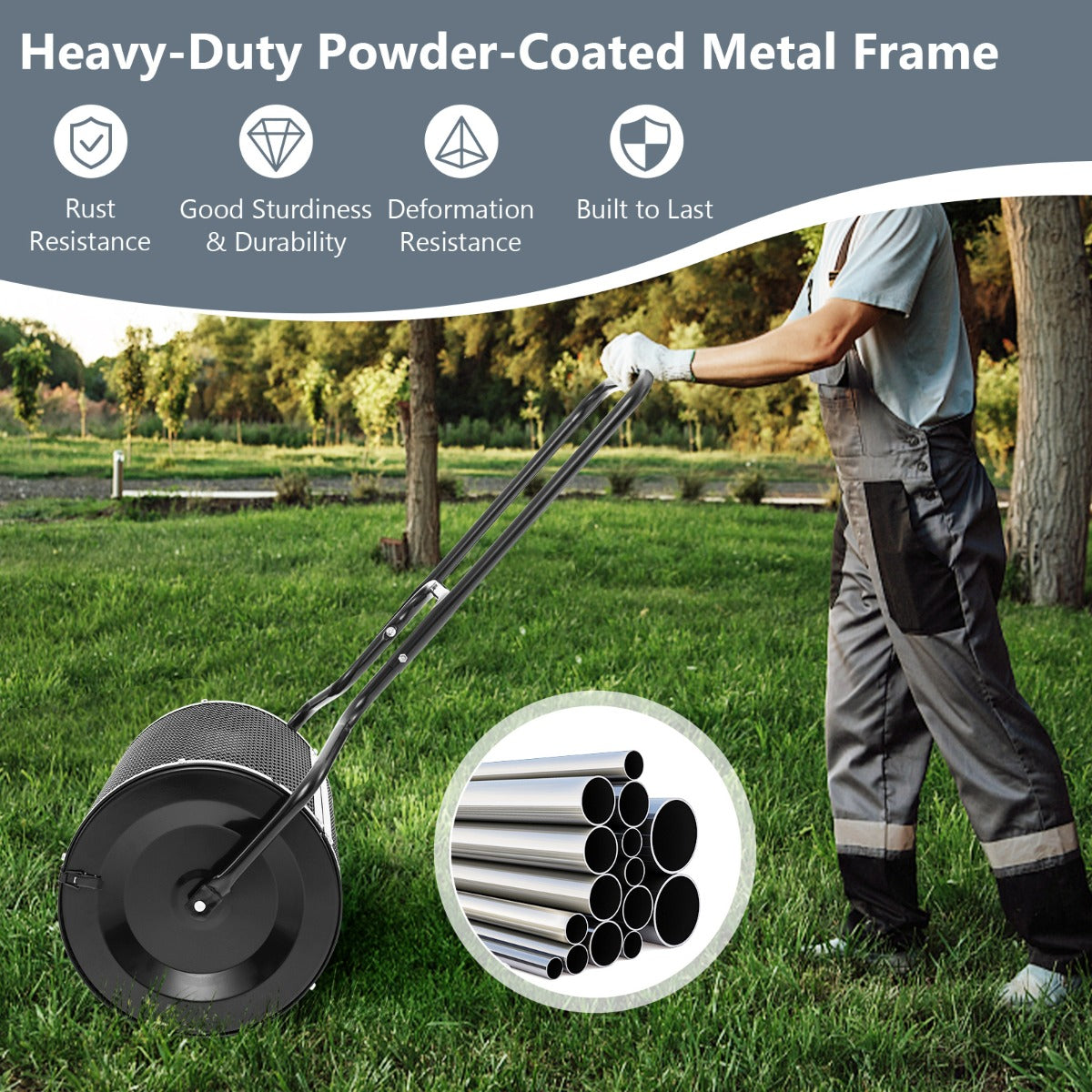 LIVSK Compostverspreider met Dicht Geweven Gaas - 75L Capaciteit - Duurzaam Metaal - U-vormig Handvat - Zwart