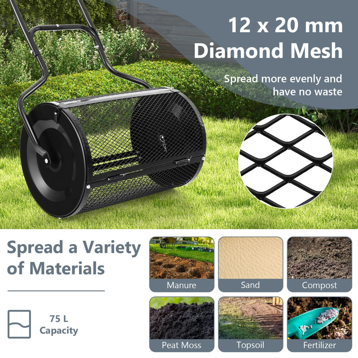 LIVSK Compostverspreider met Dicht Geweven Gaas - 75L Capaciteit - Duurzaam Metaal - U-vormig Handvat - Zwart