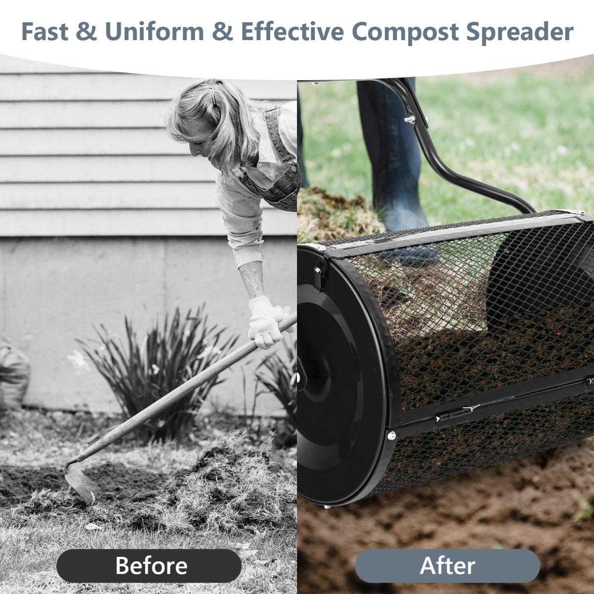 LIVSK Compostverspreider met Dicht Geweven Gaas - 75L Capaciteit - Duurzaam Metaal - U-vormig Handvat - Zwart